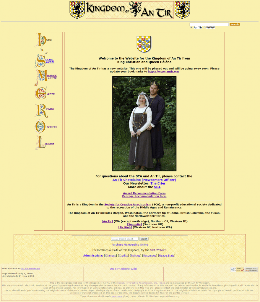 a screenshot of the previous An Tir Kingdom website circa 1990 - 2018